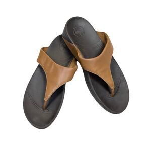 FitFlop Lulu Sandals Women's Sz 9 Brown Leather Thong Flip Flop Wedge Platform
